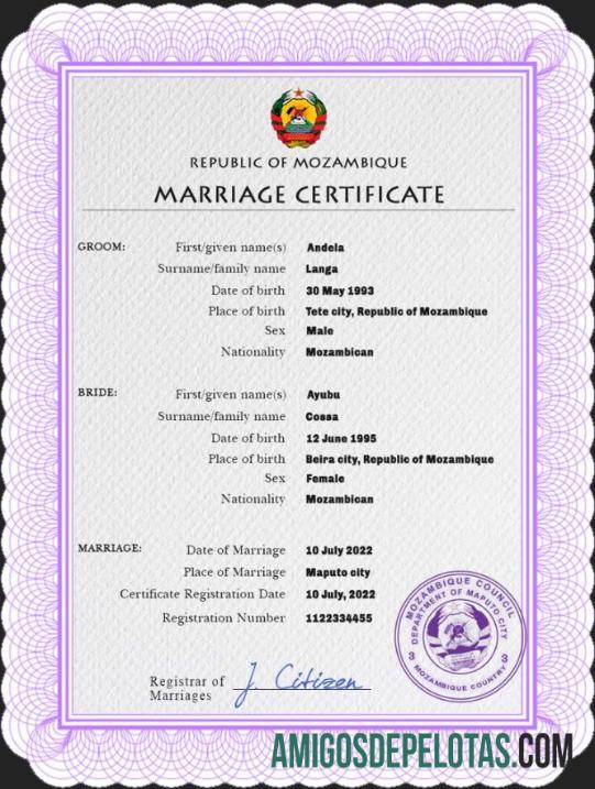 Realista modelo PSD de certidão de casamento em Moçambique